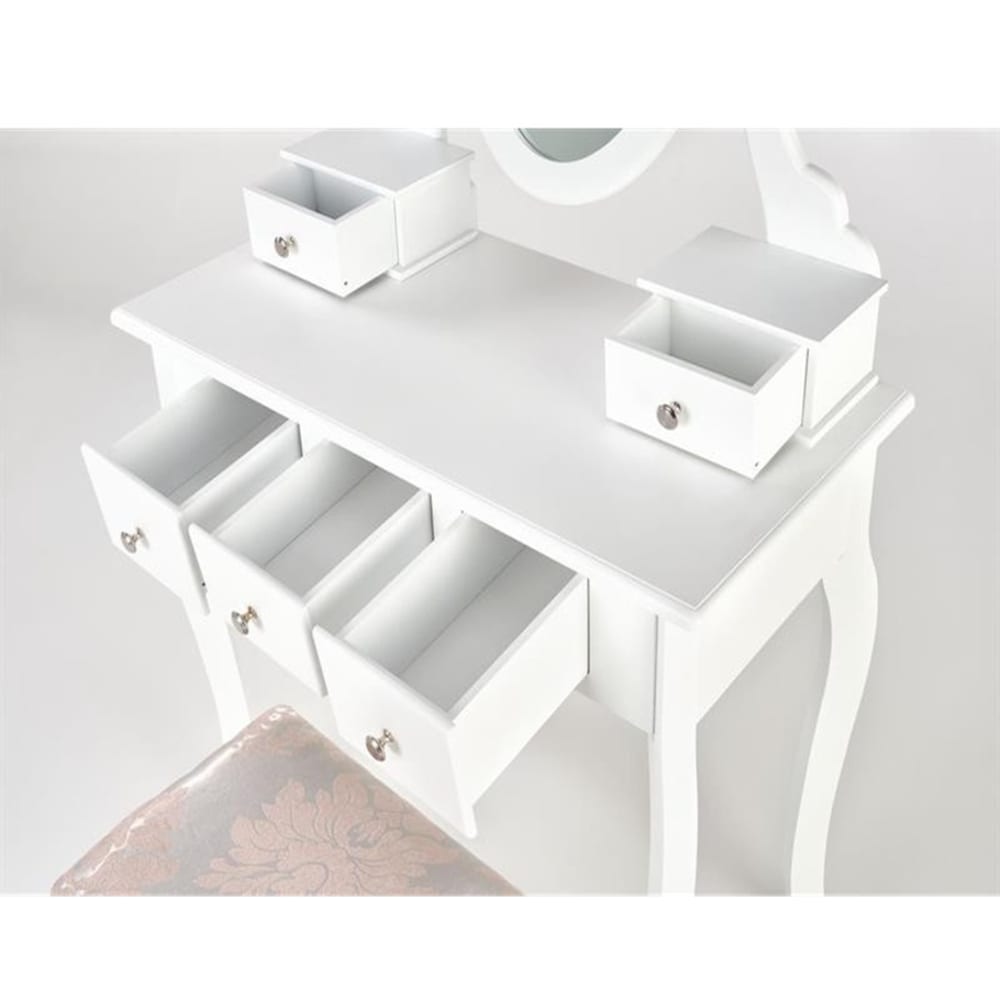 Design-Frisiertisch, weiß lackiert + Spiegel + Bank - Maisons Du