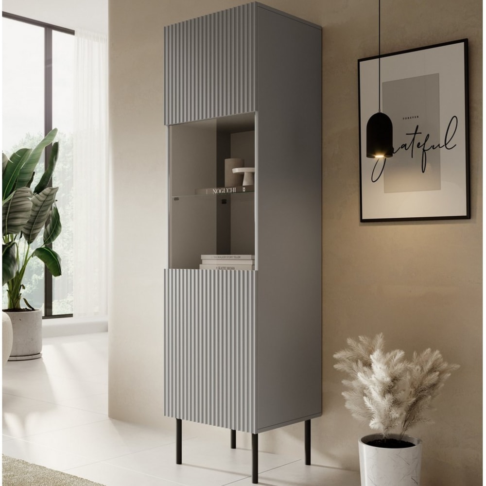 Vitrine avec pieds en acier noirs - gris clair