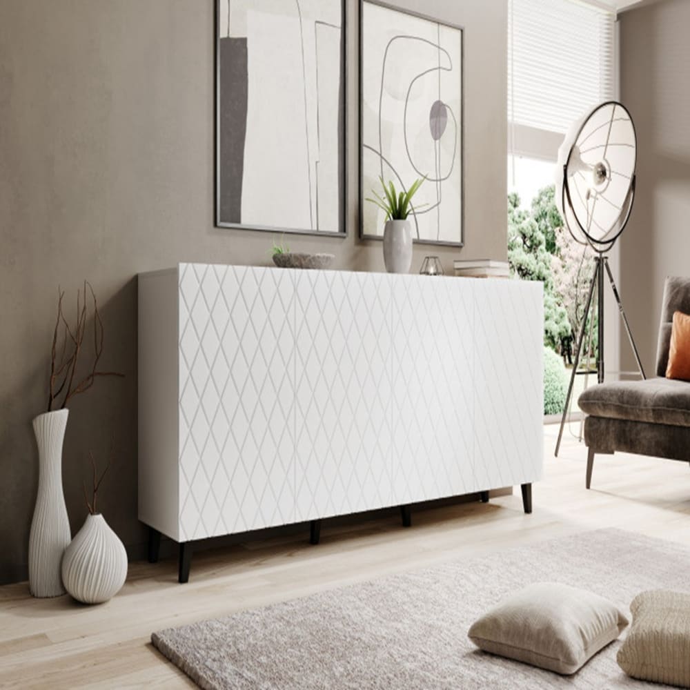 Modernes Sideboard in mattem Weiß mit Design-Front, 200 cm -