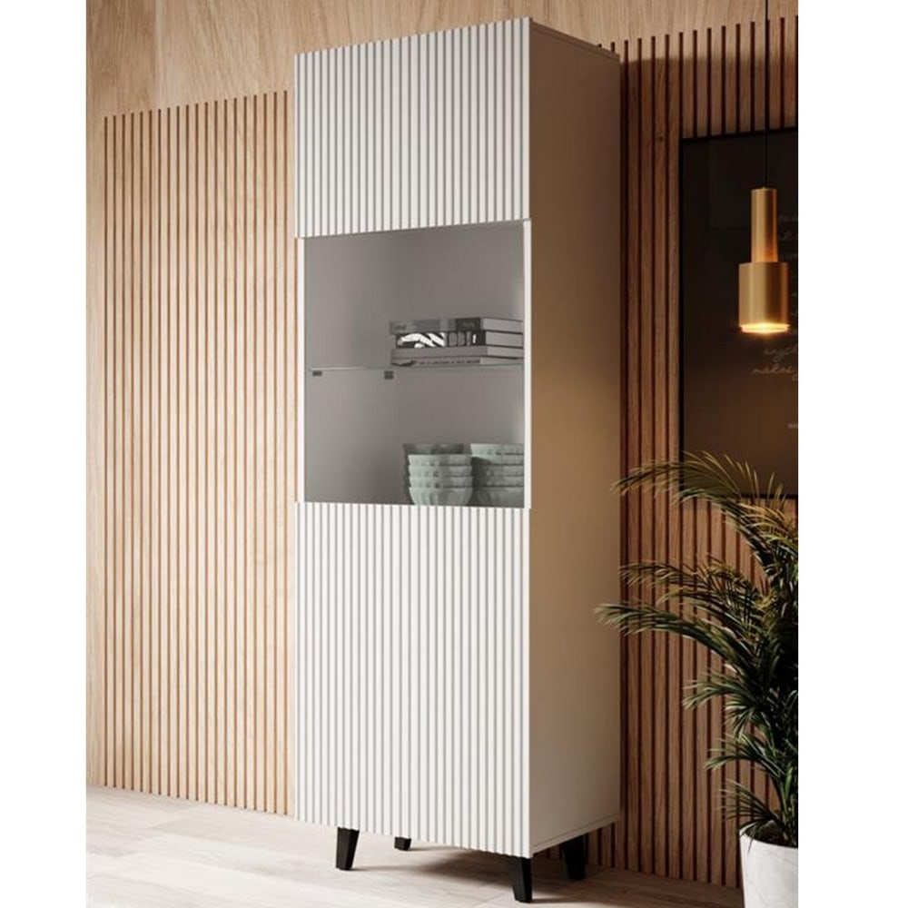 Vitrine design blanc mat rainuré 2 niches