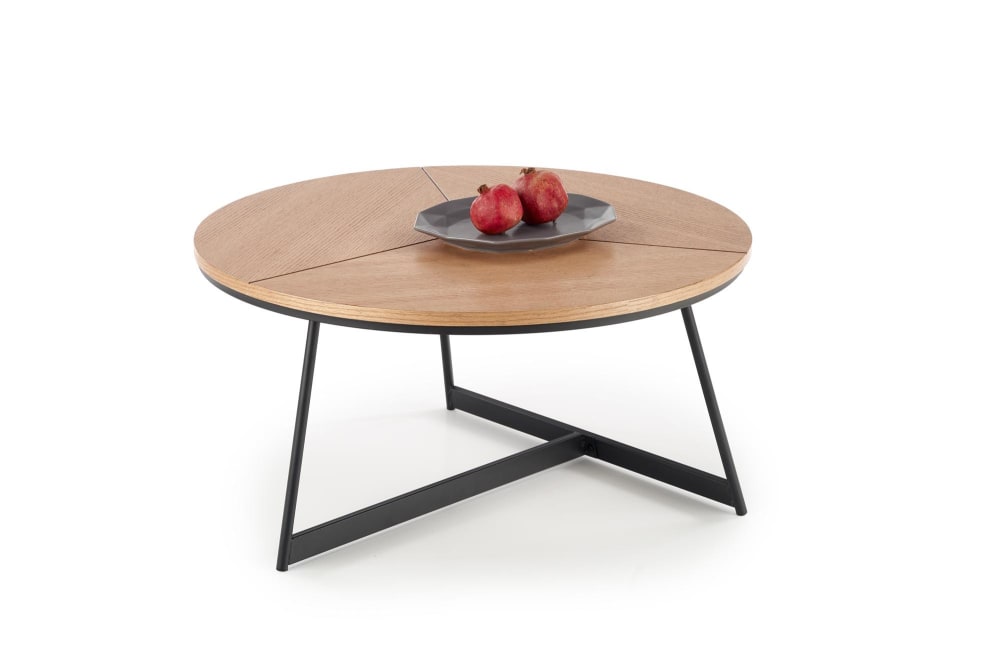 Table basse ronde avec plateau aspect chêne et piètement en acier 80cm