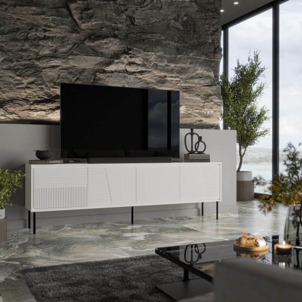 TV-Möbel mit schwarzen Stahlfüßen, mattweißes Design, 200 cm -
