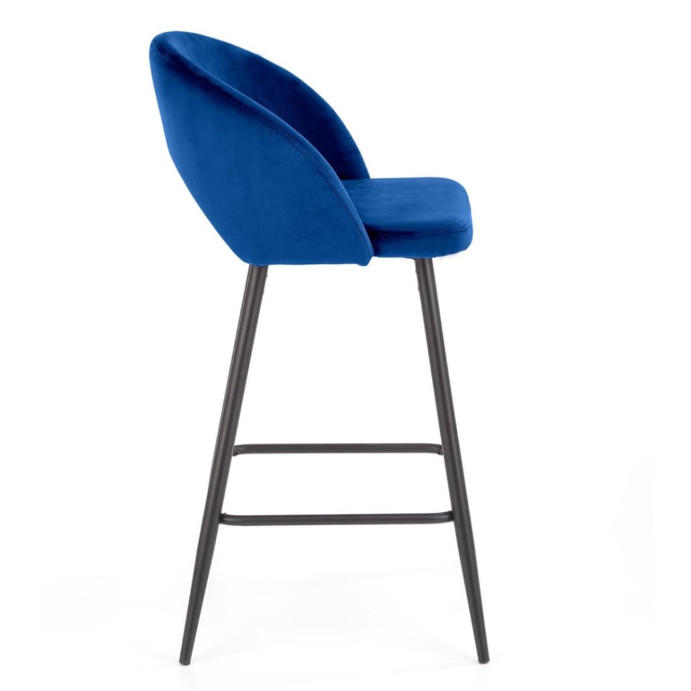 Barstuhl aus blauem Polyester-Samt mit schwarzen Stahlbeinen -