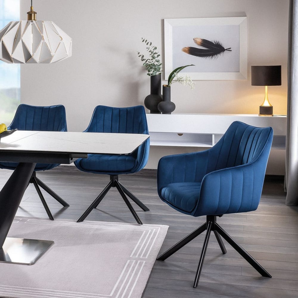 Design-Drehstuhl aus stahlblauem und schwarzem Polyester-Samt -