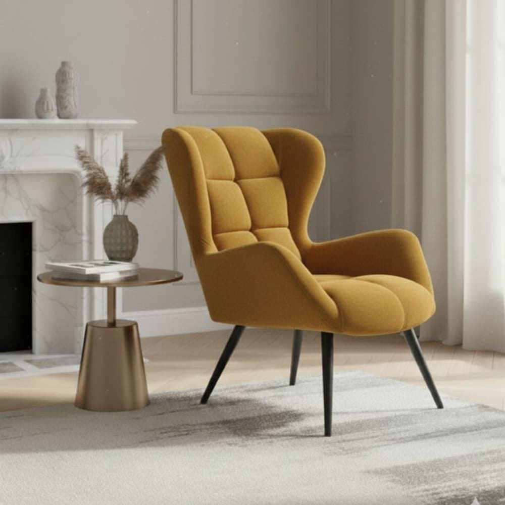 Fauteuil contemporain en velours de polyester jaune moutarde