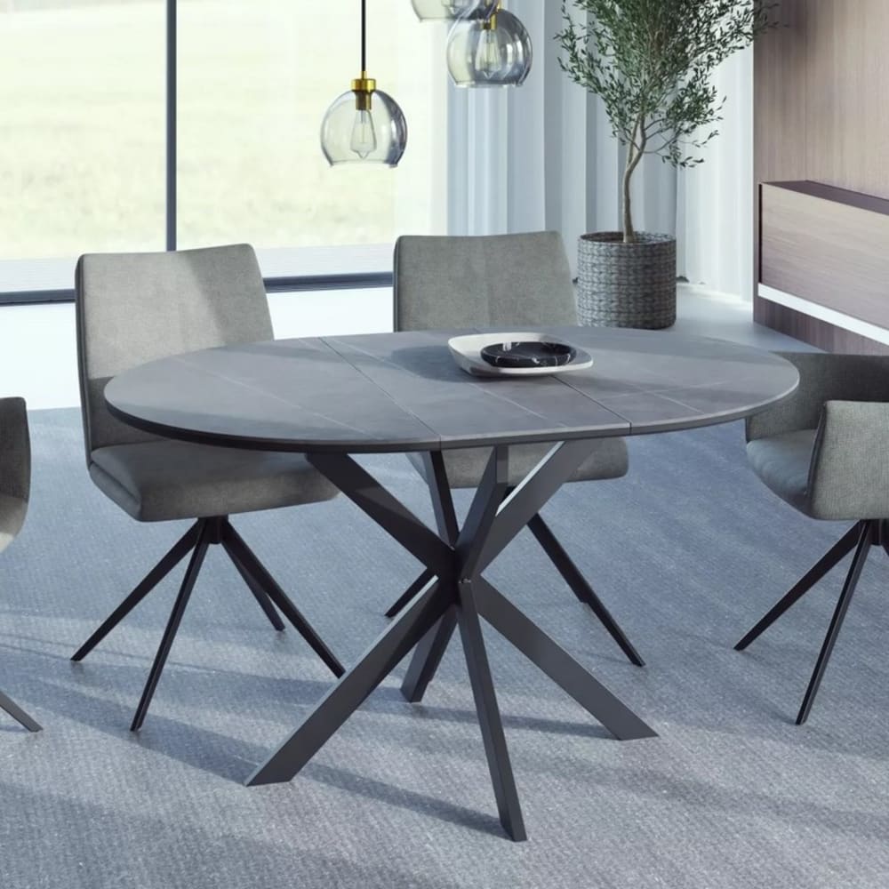 Table ronde extensible  6 pers céramique grise pied acier noir 135cm