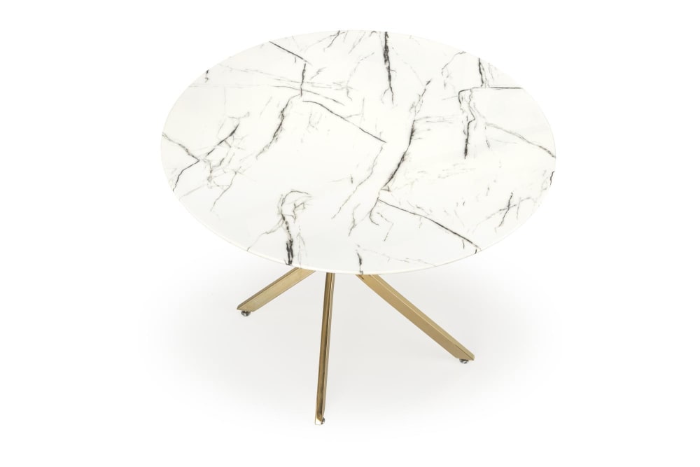 Tisch  mit weißer Tischplatte in Marmoroptik und goldenem Fuß,