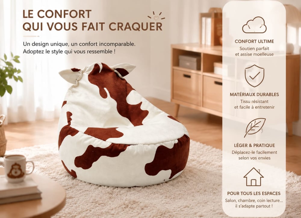 Kinder-Sitzsack in Bärenform mit Ohren, Kuhmuster - Maisons Du