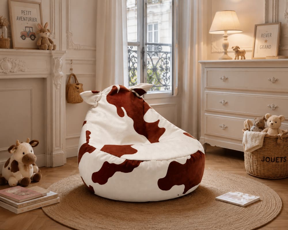 Pouf fauteuil ours enfant avec oreilles, motif vache (Bees & Blooms) - Image 2