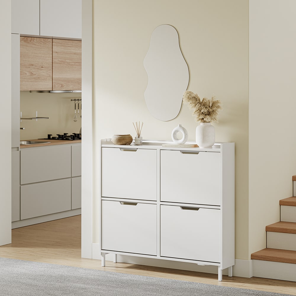 Schuhschrank mit 4 klappbaren Türen Weiß 100×19×93 cm - Maisons