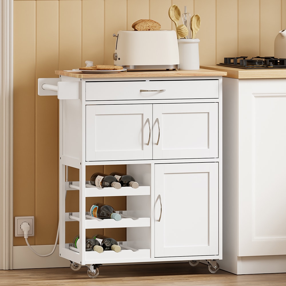 Küchenwagen mit Schubfach, Weinfach und USB, Weiß, 75×34×87 -
