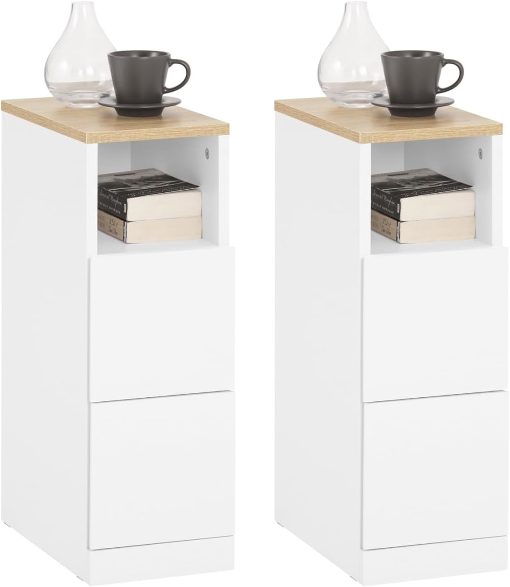 SoBuy 2er-Set Nachttische schmal mit 2 Schubladen und Fach 20x35x60 cm style modern Weiß Spanplatte