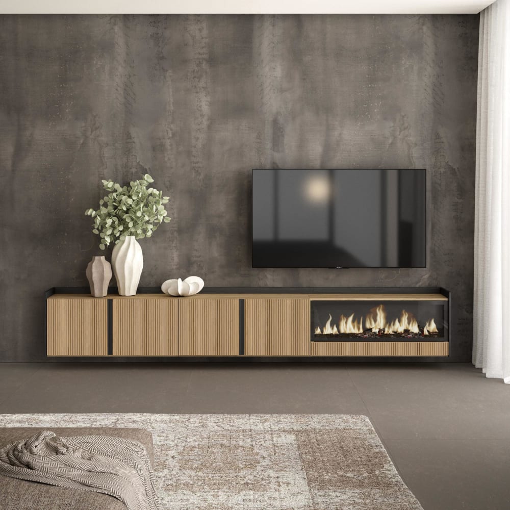 Skraut home TV-Möbel Holzeffekt eiche und schwarz 315x35x50 kamin mit feuereffekt style modern Braun Spanplatte