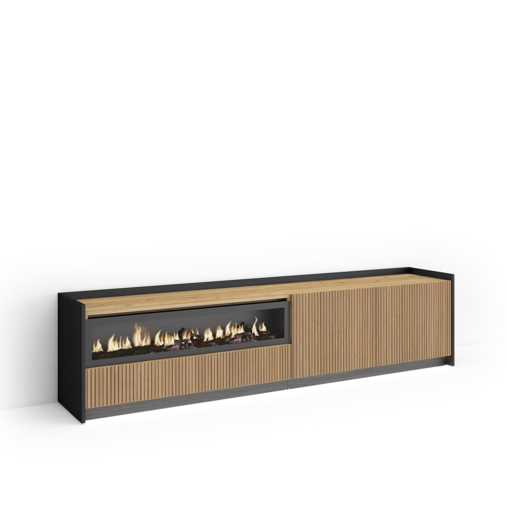 Meuble tv effet bois de chêne et noir 207x37x50cm cheminée effet feu
