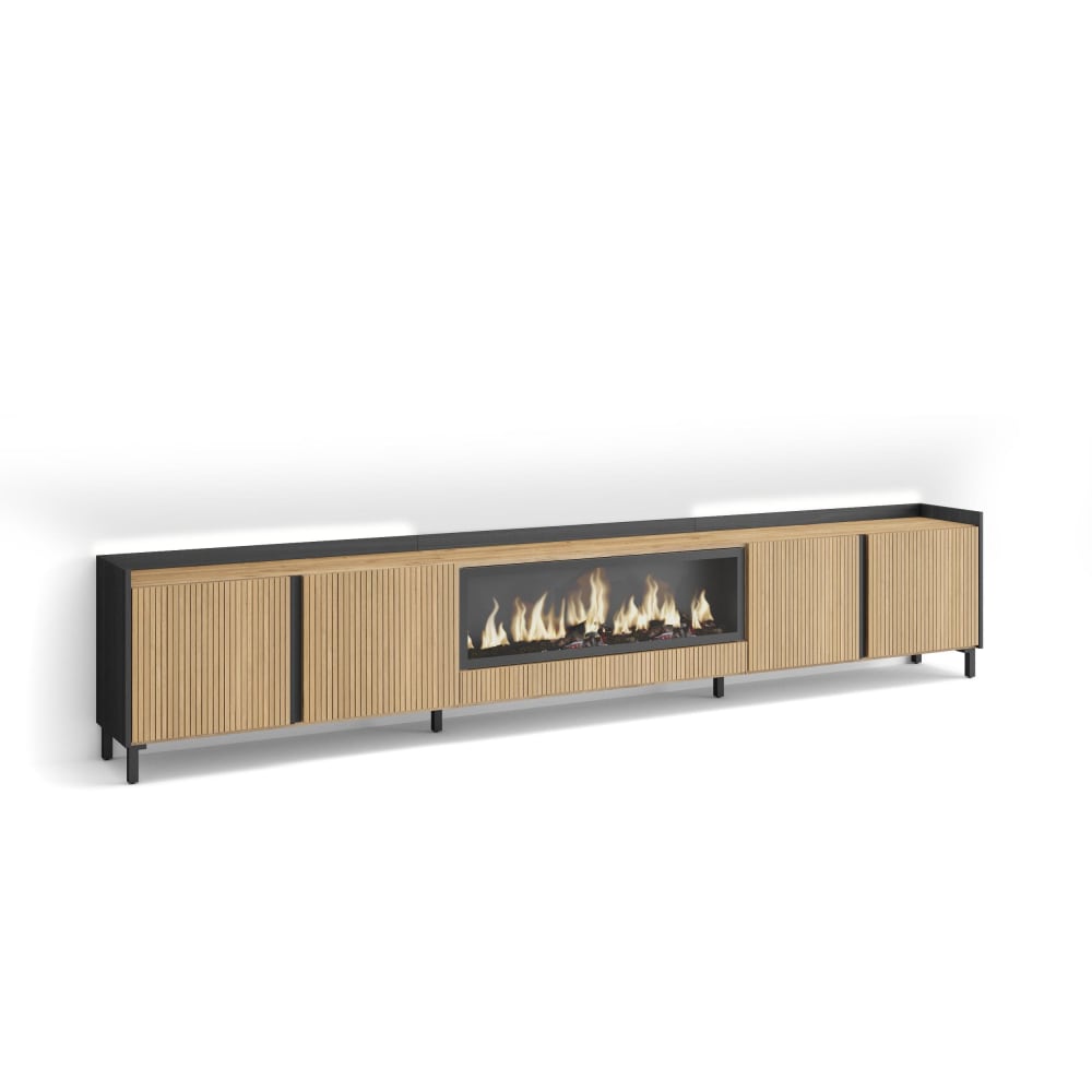 Meuble tv effet bois de chêne et noir 315x35x61 cheminée effet feu xxl