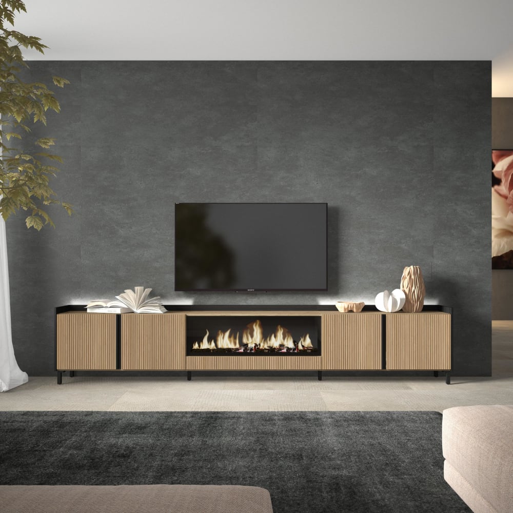 Skraut home TV-Möbel Holzeffekt eiche und schwarz 315x35x61 kamin mit feuereffekt style modern Braun Spanplatte