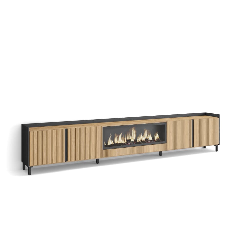 Meuble tv effet bois de chêne et noir 315x35x61 cheminée effet feu xxl