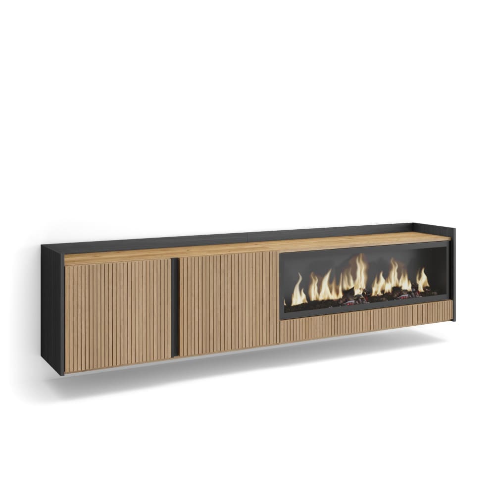 Meuble tv effet bois de chêne et noir 212x35x50 cheminée effet feu xxl