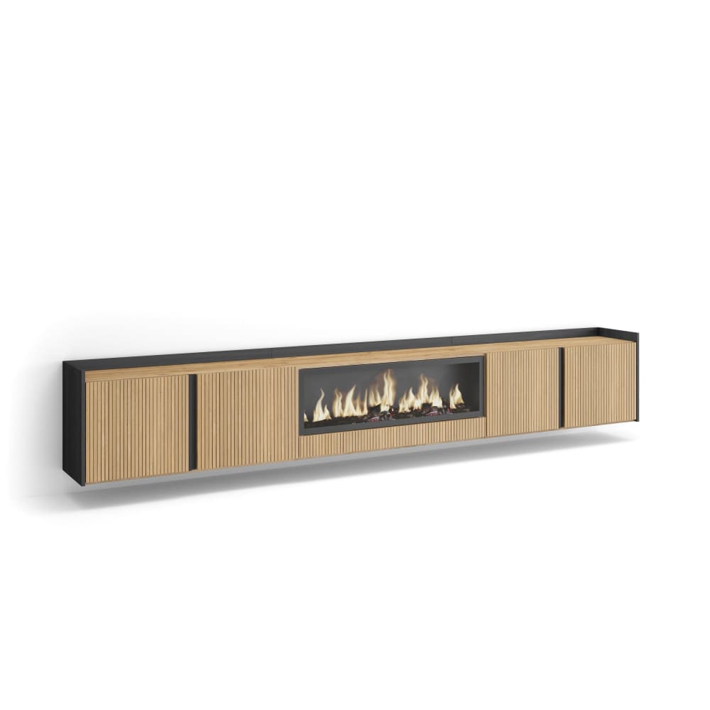 Meuble tv effet bois de chêne et noir 315x35x50 cheminée effet feu xxl
