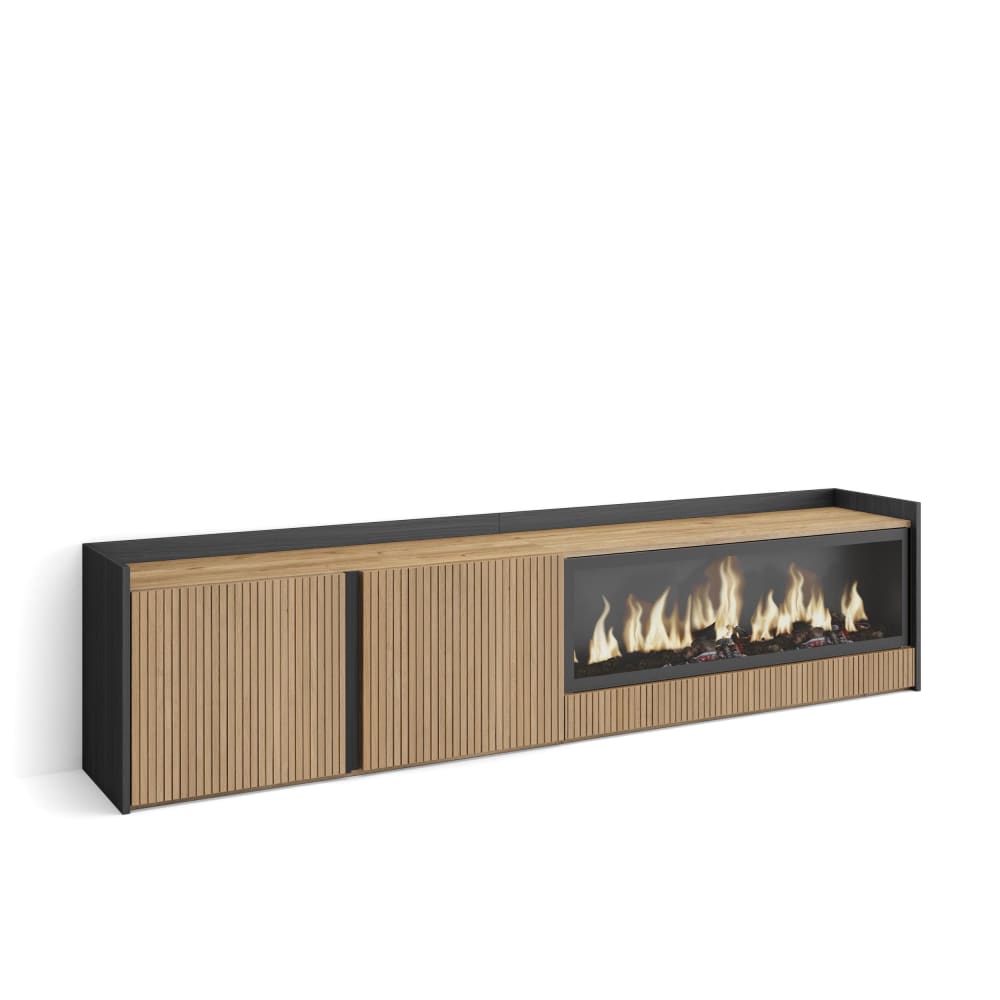Meuble tv effet bois de chêne et noir 212x35x50 cheminée effet feu xxl