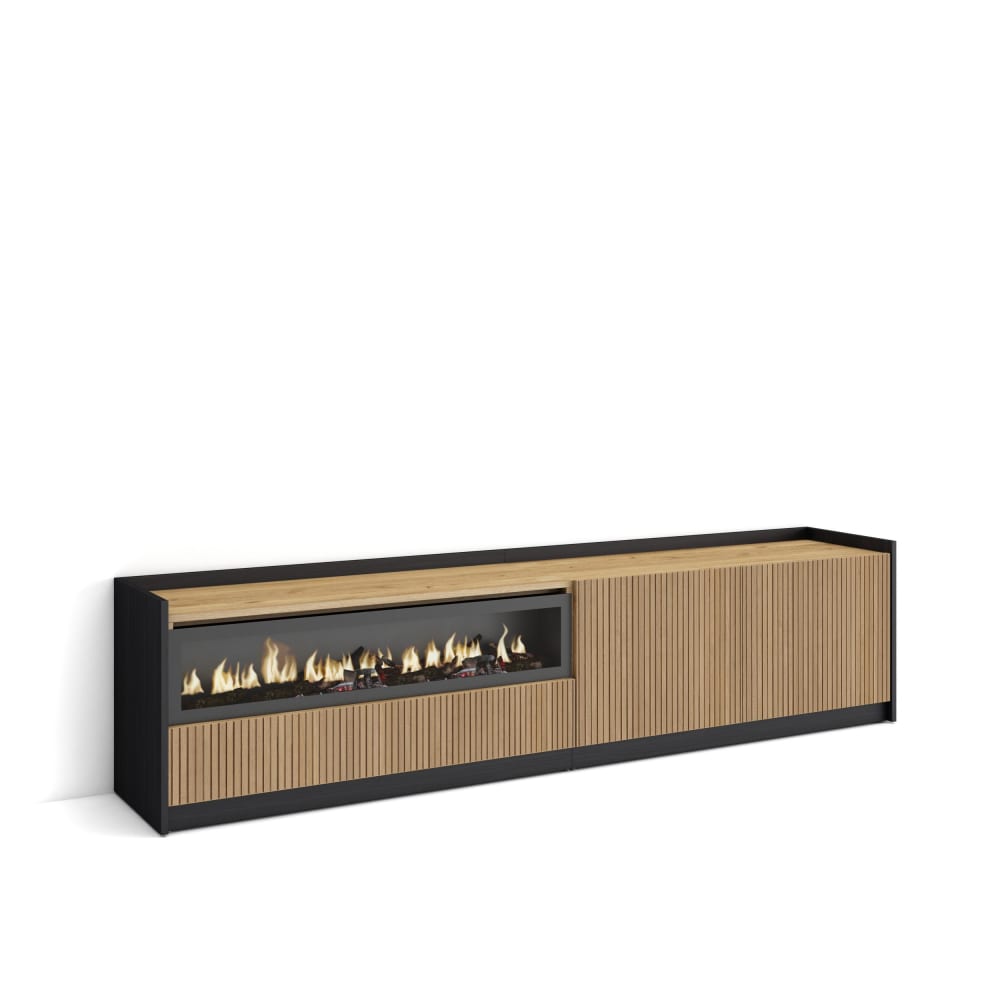 Meuble tv effet bois de chêne et noir 207x37x50cm cheminée effet feu