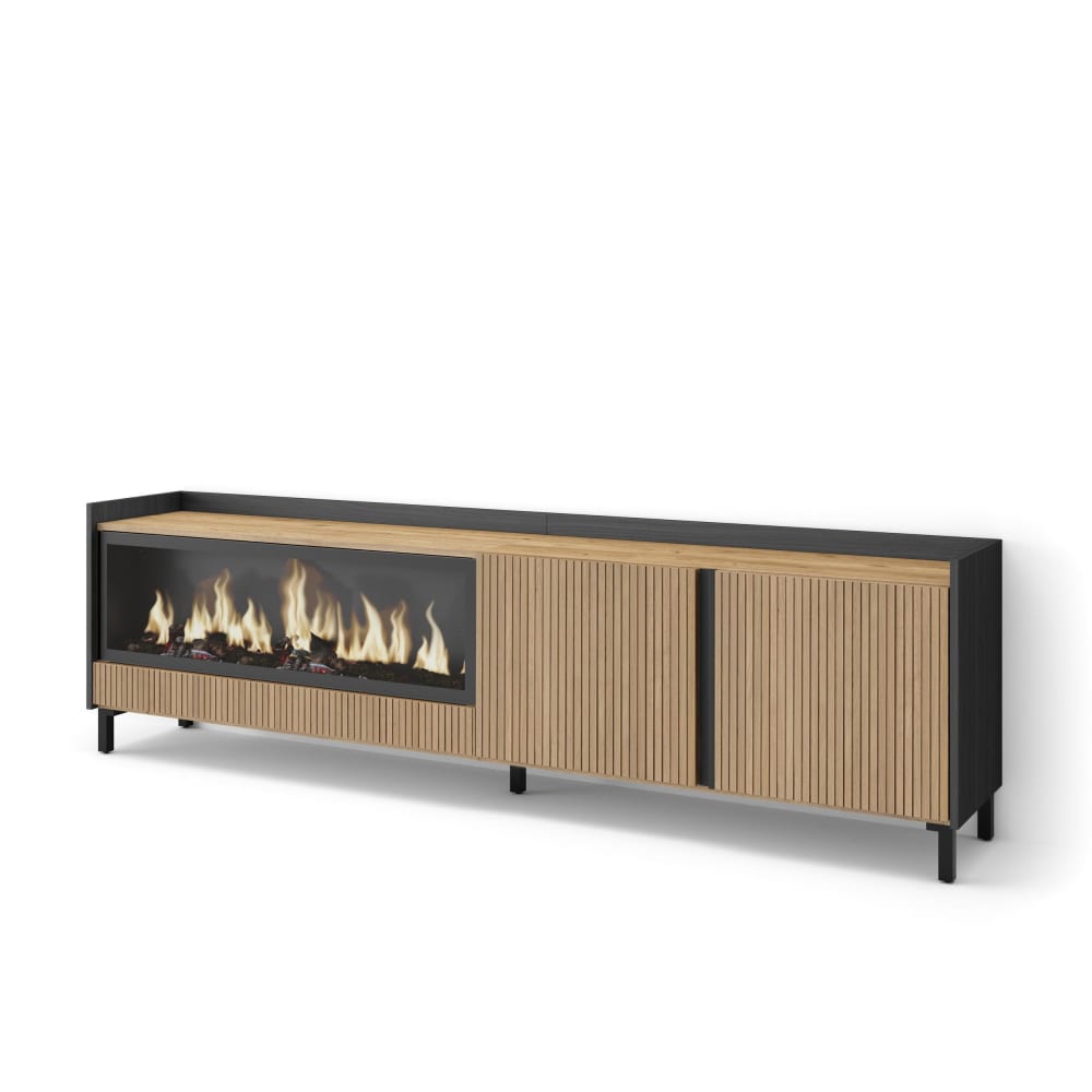 Meuble tv effet bois de chêne et noir 212x35x61 cheminée effet feu xxl