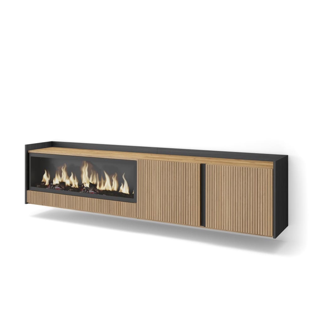 Meuble tv effet bois de chêne et noir 212x35x50 cheminée effet feu xxl