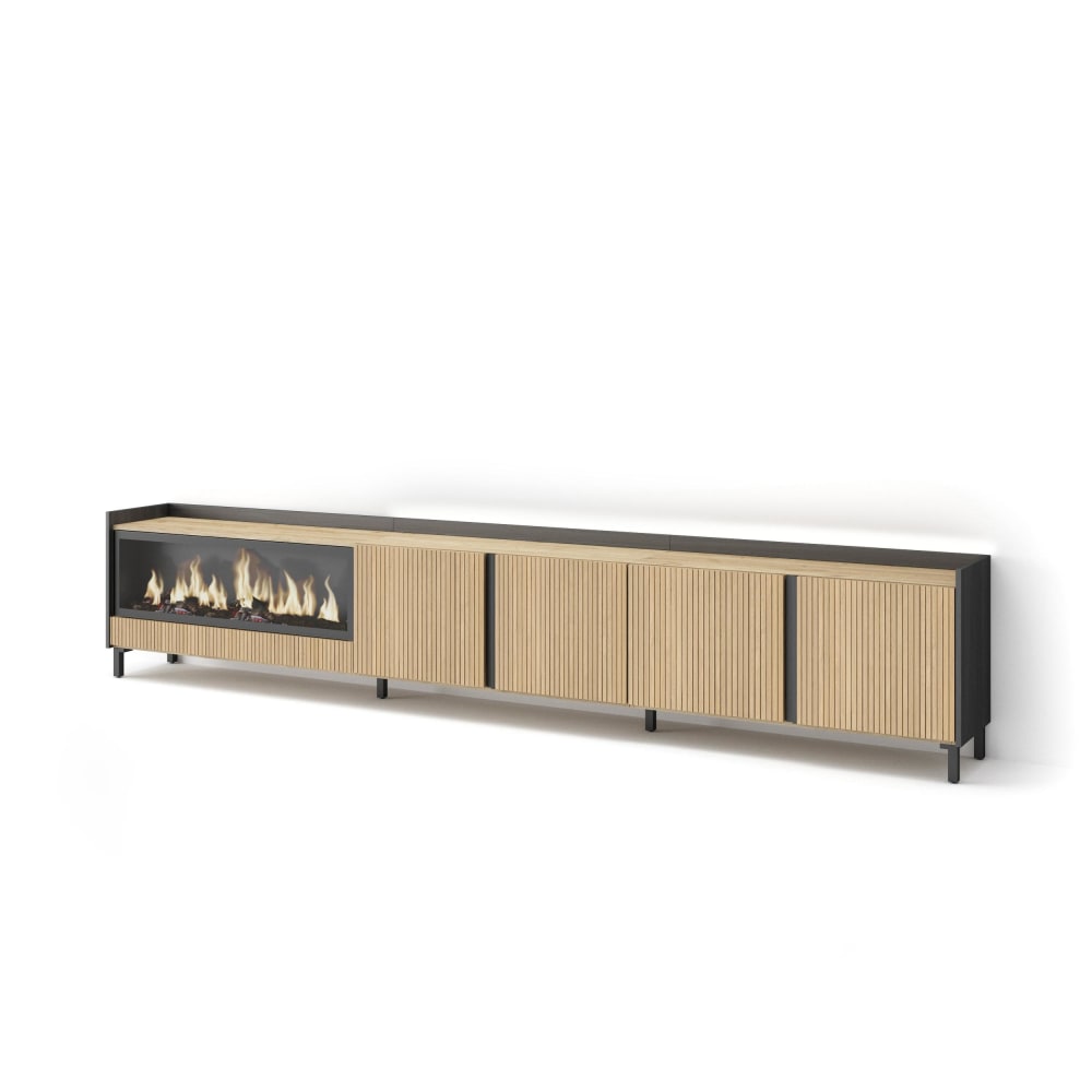 Meuble tv effet bois de chêne et noir 315x35x61 cheminée effet feu xxl
