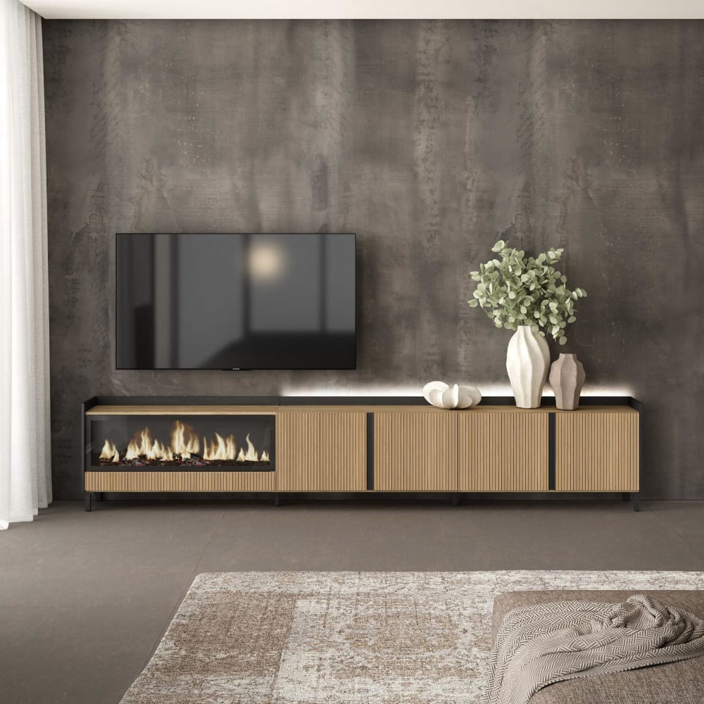 Skraut home TV-Möbel Holzeffekt eiche und schwarz 315x35x61 kamin mit feuereffekt style modern Braun Spanplatte