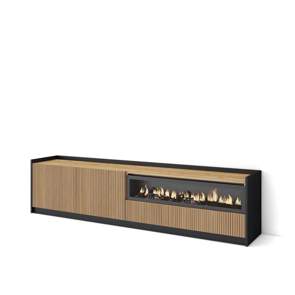 Meuble tv effet bois de chêne et noir 207x37x50cm cheminée effet feu