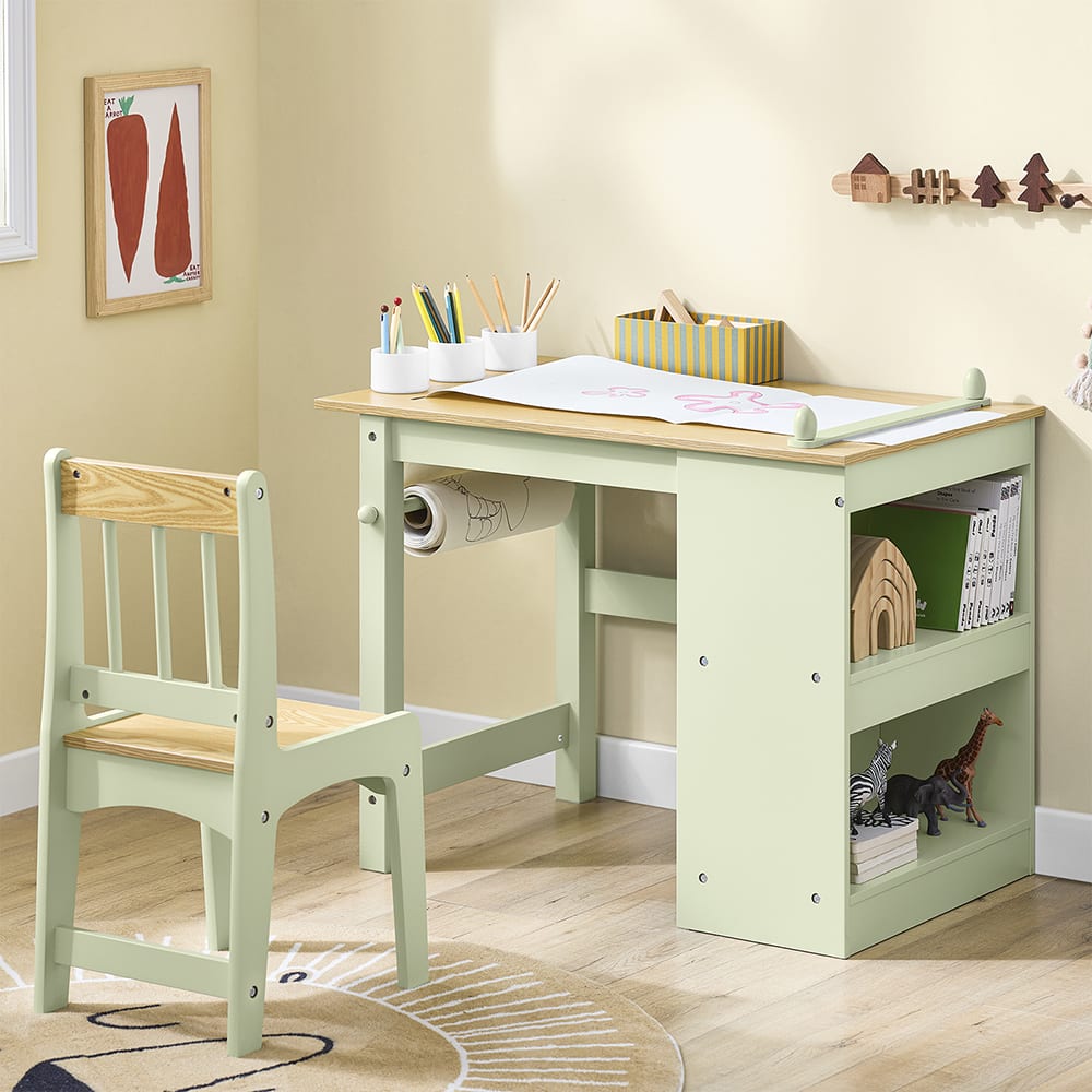 Kindertisch mit 1 stuhl und 1 regal grün nordisch - Maisons Du