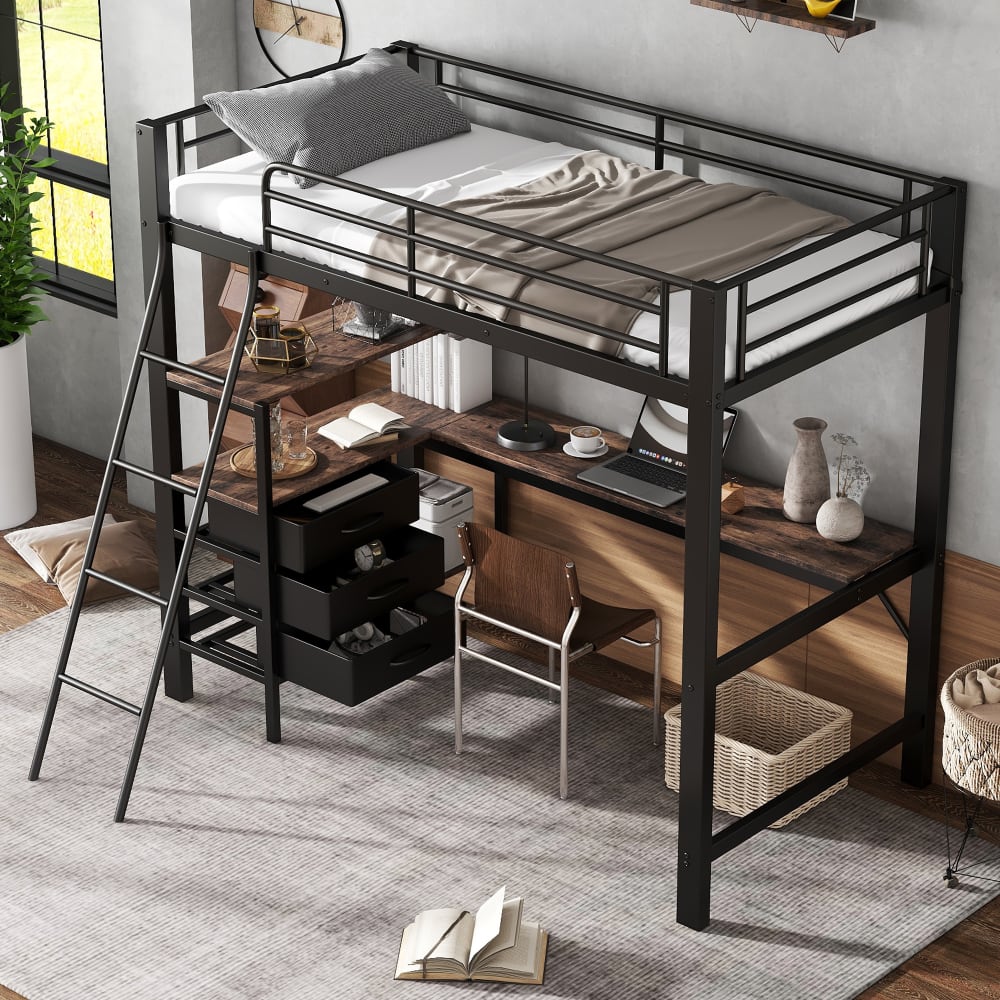 Eisen Hochbett mit Tisch und Schubladen schwarz Nussbaum 90x200