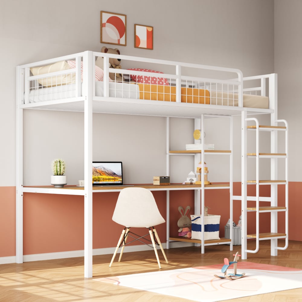 Hochbett Schreibtisch Regale Schutzgitter weiß 90x200 cm -
