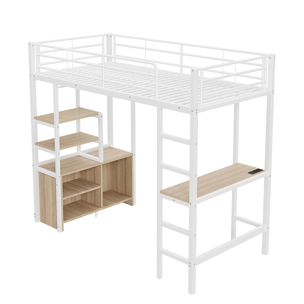 ComfortXL Eisen Hochbett mit Tisch und Stauraum weiß 90x200 cm Stahl Baby