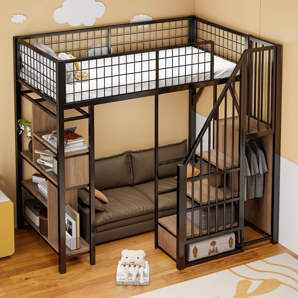 Hochbett Stauraumtreppe Regale schwarz 90x200 cm - Maisons Du
