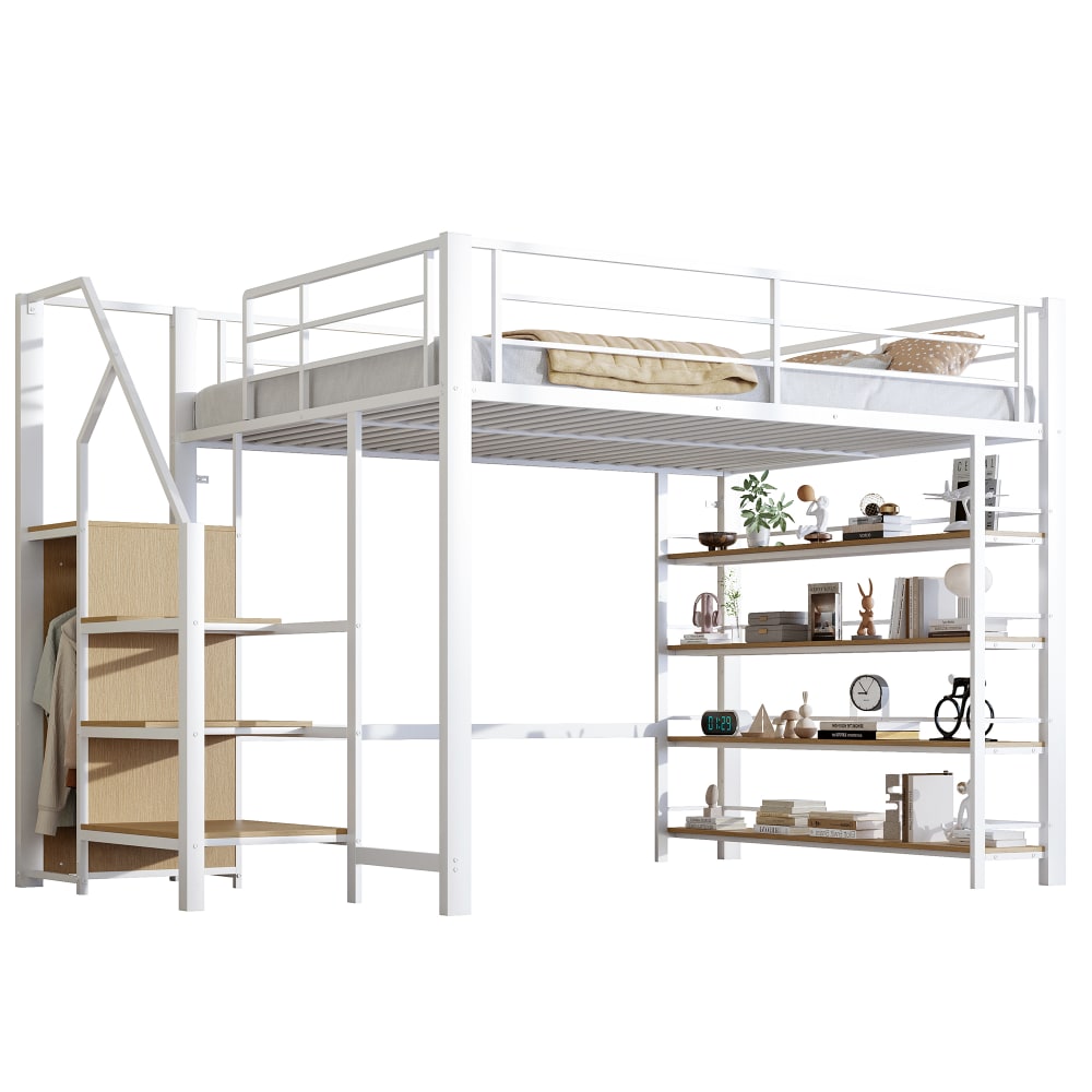 Hochbett Kleiderschrank Regale Stauraumtreppe weiß 140x200 cm -
