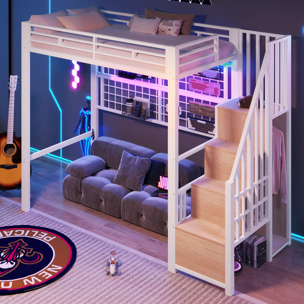 Hochbett LED Schrank Stauraumtreppe weiß 90x200 cm - Maisons Du