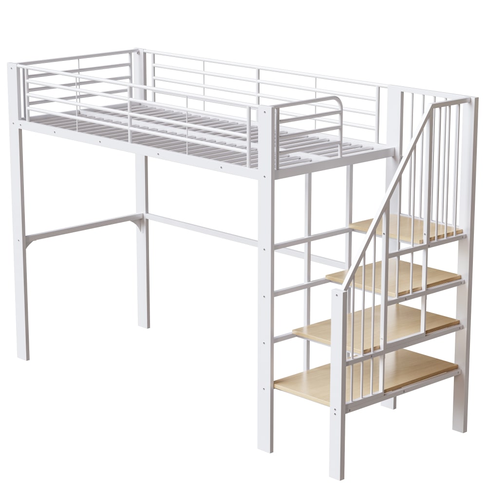 Lit mezzanine escalier grand espace inférieur blanc 90x200 cm