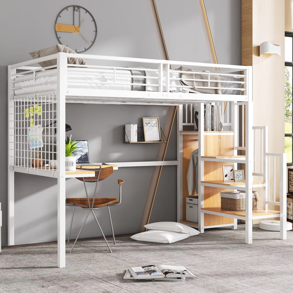 Hochbett Schreibtisch Schrank Treppe weiß Natur 90x200 cm -