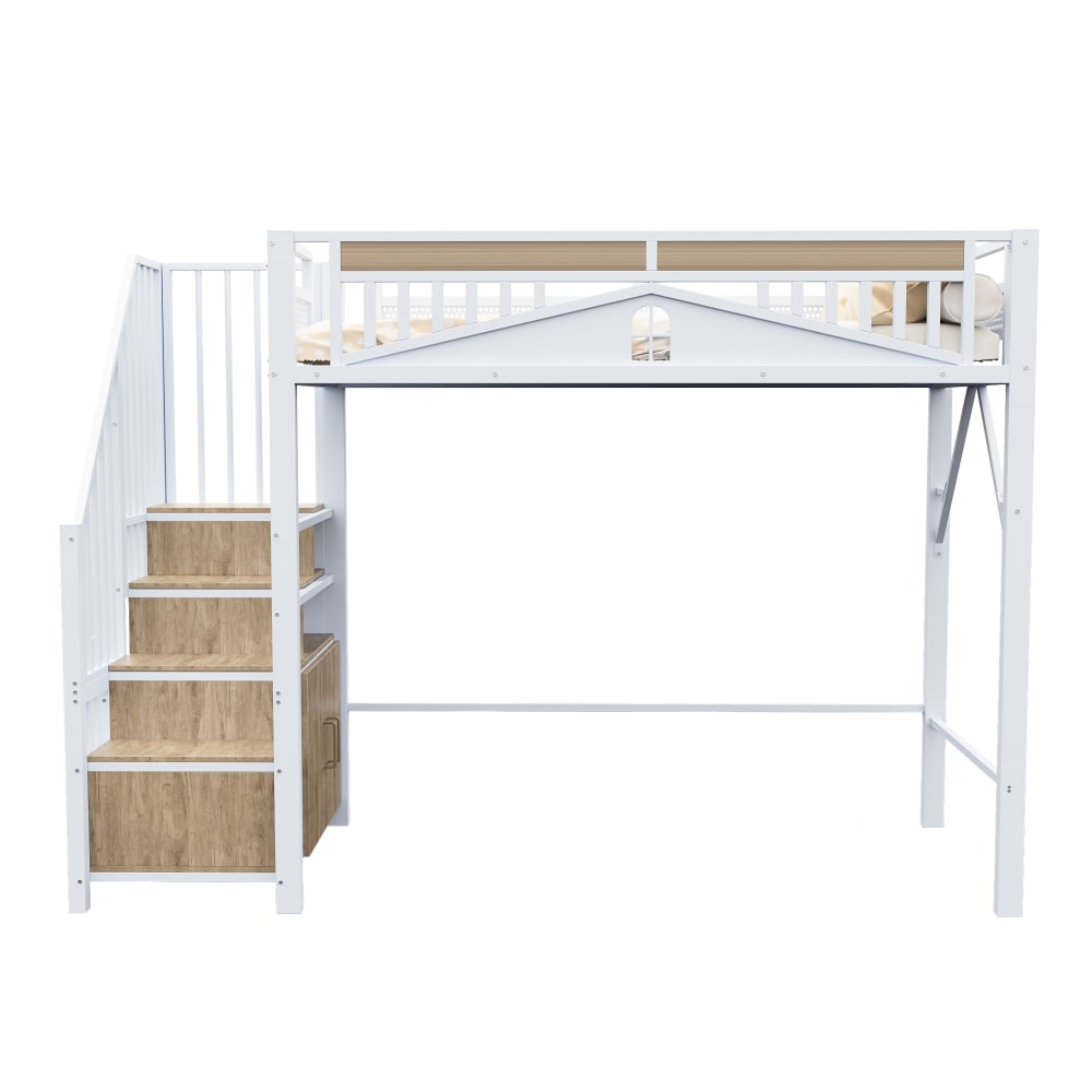 Hochbett Fenster Stauraumtreppe weiß 90x200 cm - Maisons Du Monde