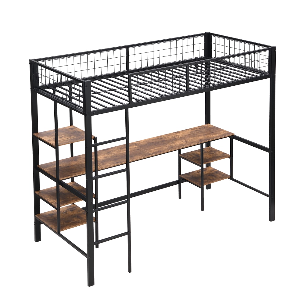 ComfortXL Eisen Hochbett mit Tisch und Regalen schwarz dunkles Holz 90x200 cm Stahl Baby
