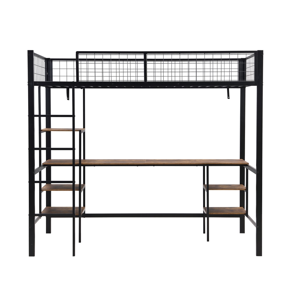 Eisen Hochbett mit Tisch und Regalen schwarz dunkles Holz 90x200