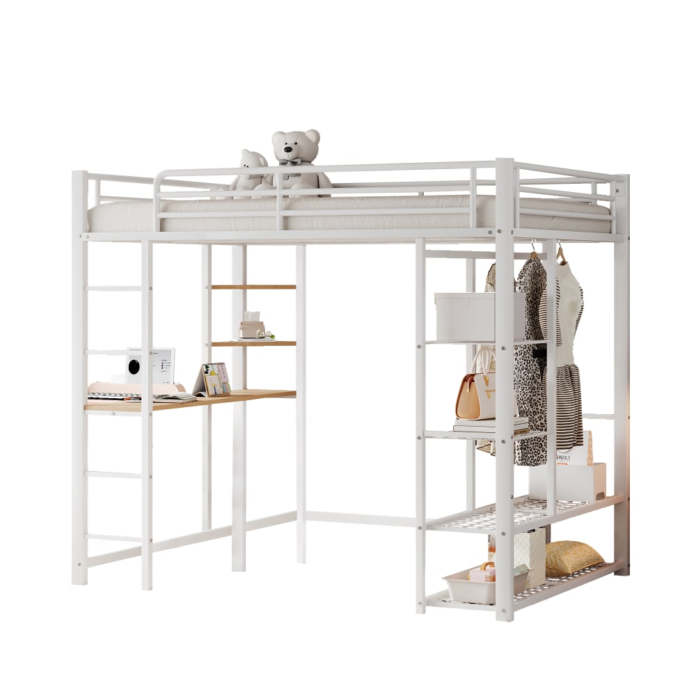 Hochbett Schreibtisch Kleiderstange Regale Leiter weiß 140x200 cm