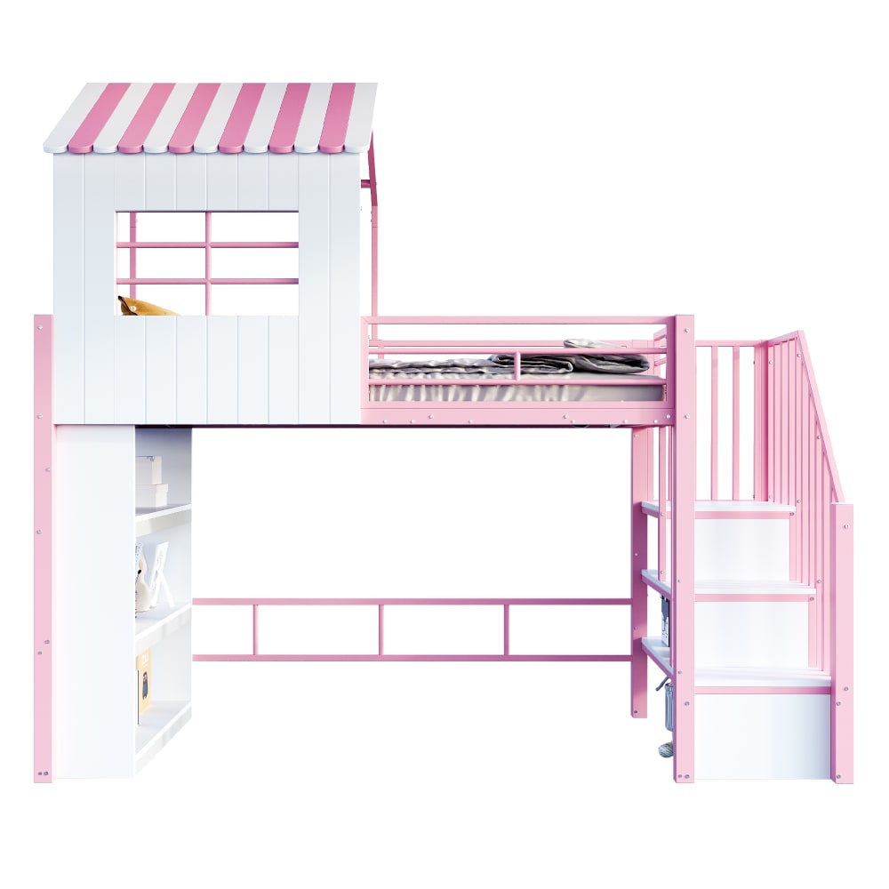 Hochbett Hausdesign Stauraumtreppe rosa 90x200 cm - Maisons Du