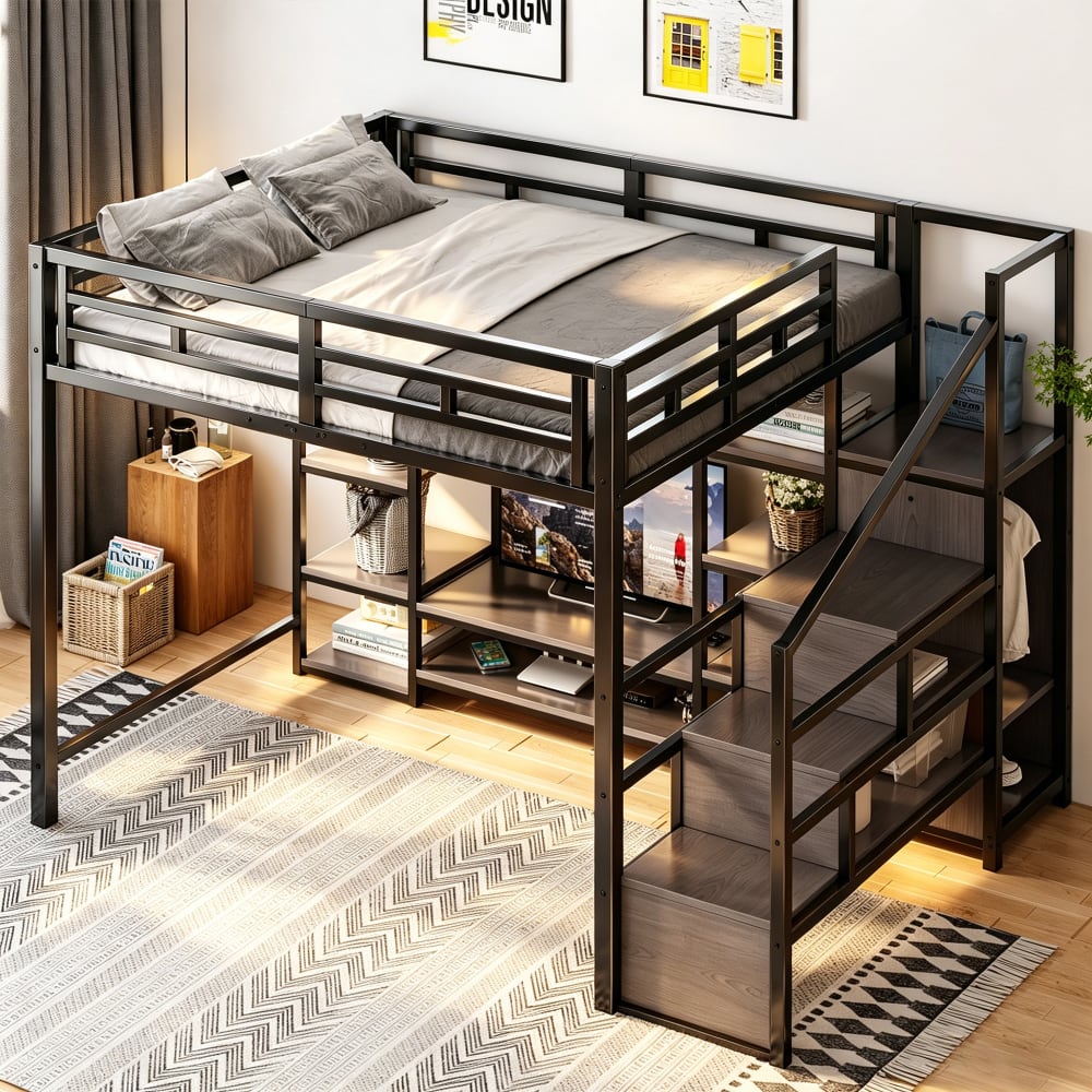 Hochbett TV Ständer Steckdose Stauraumtreppe schwarz 140x200 cm -