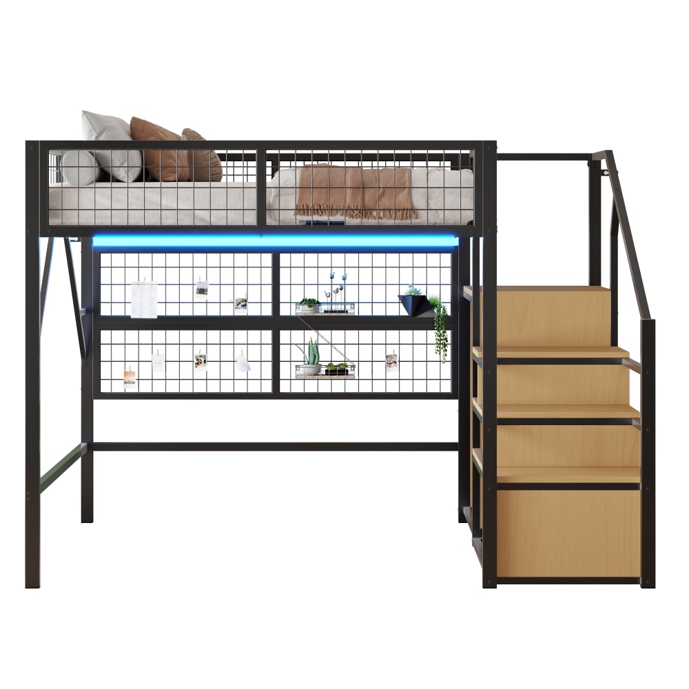 Metallhochbett LED Stauraumtreppe Schrank schwarz 140x200 cm -