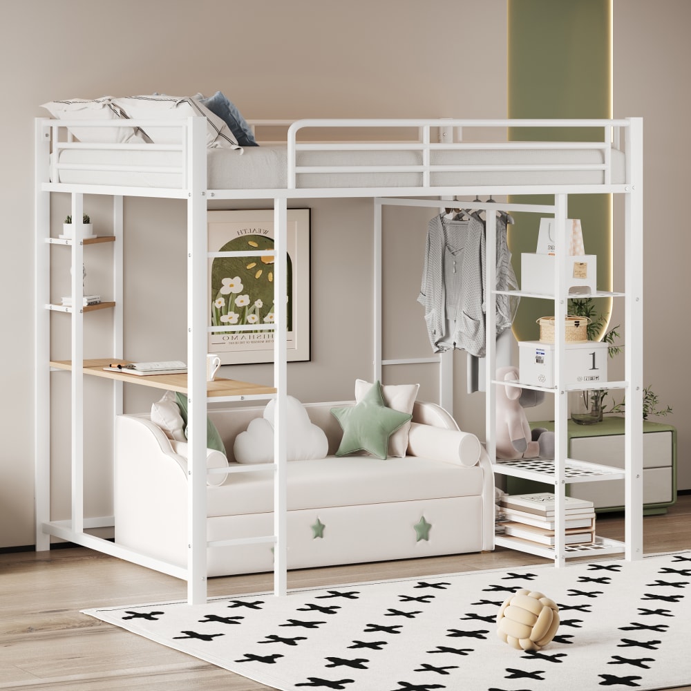 Hochbett Schreibtisch Garderobe Regale weiß 90x200 cm - Maisons