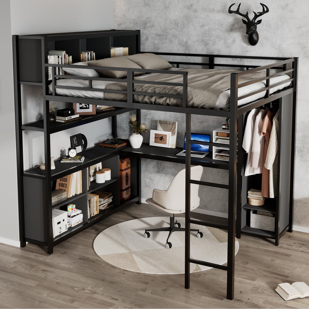 Hochbett Schreibtisch Schrank Stauraum schwarz 140x200 cm -