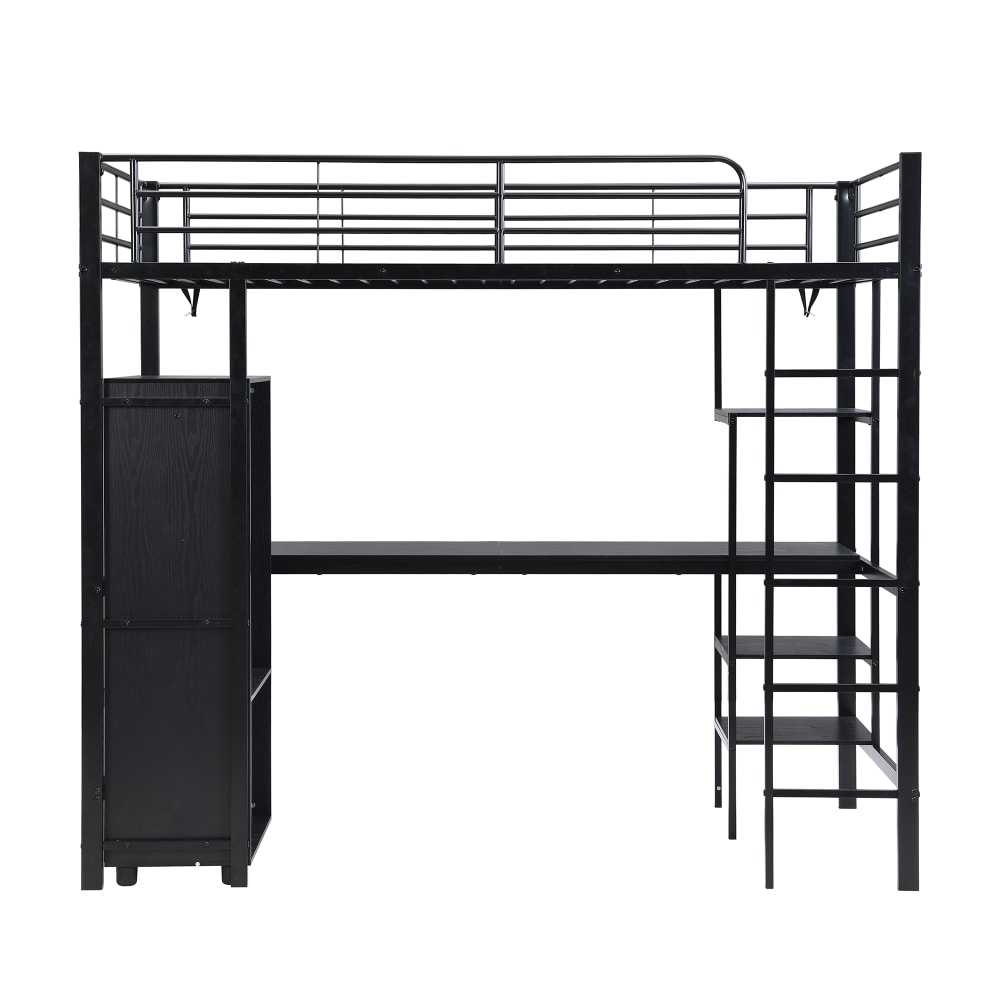 Hochbett Schreibtisch Schrank Regale schwarz 90x200 cm - Maisons
