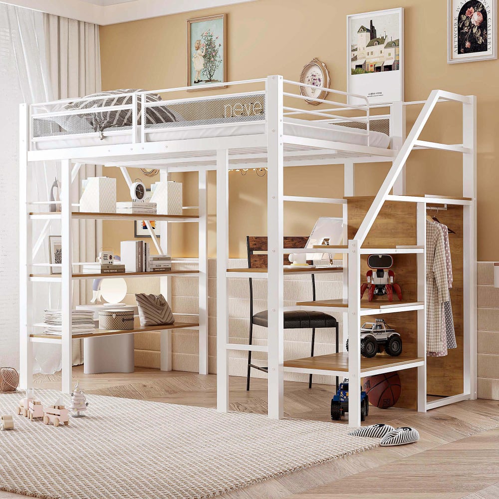Hochbett Schreibtisch Schrank Regale Treppe weiß 140x200 cm -